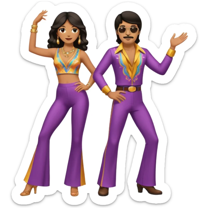 hombre y mujer bailando con ropa de disco de los 70s ambos con pantalones largos, ambos de pelo oscuro sticker