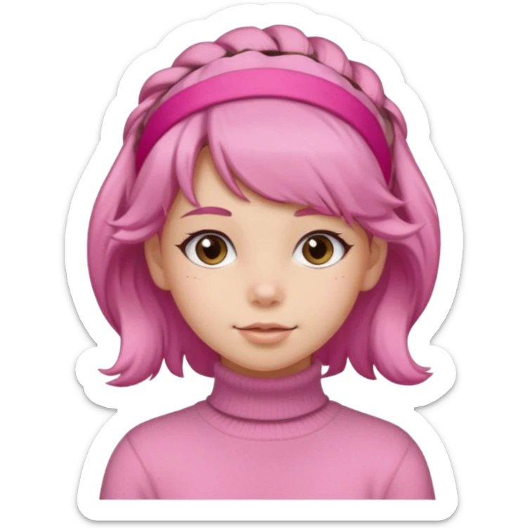 brown fluffy haired girl with pink turtleneck sweater and pink hair band sticker