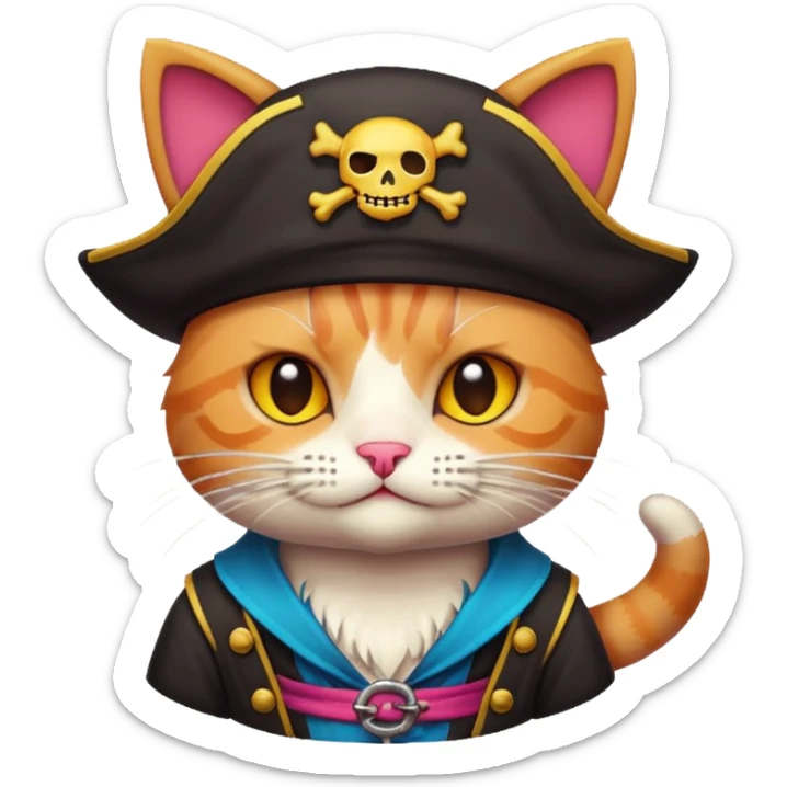 Cute 32-bit pixel art emoji, cat, pirate theme, vibrant colors, clean edges, Japanese kawaii aesthetic, game asset style, isolated on white --v 6.0 sticker