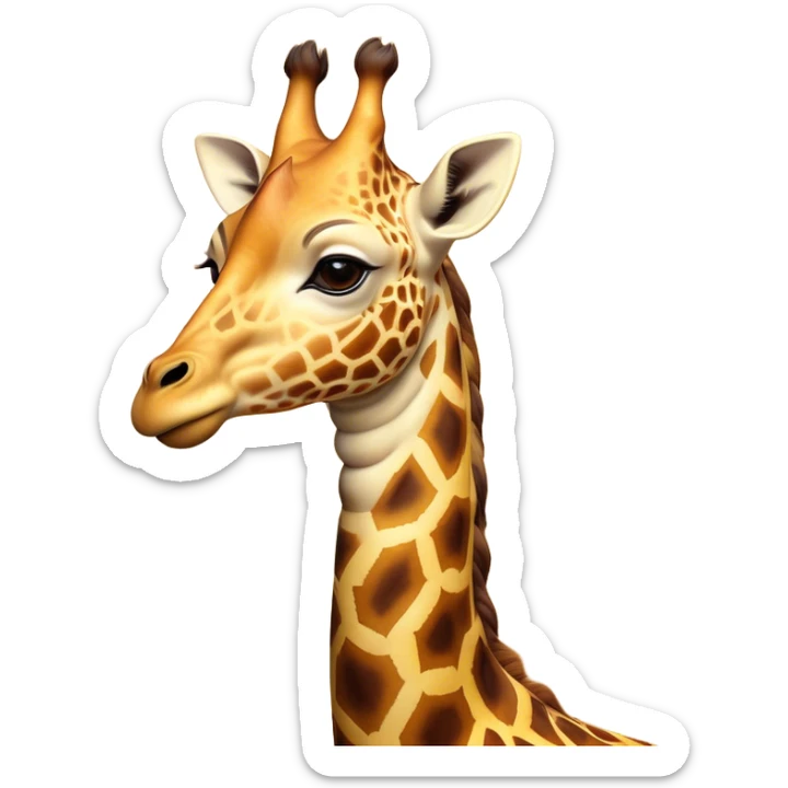 Cinematic Noble Giraffe Portrait Emoji, Poised and regal, with a towering, elegant build and a stunning, patterned Fur of warm yellows and browns, long, graceful neck and soulful, gentle eyes, Simplified yet sharp and sophisticated features, highly detailed, glowing with a soft, dignified glow, high shine, intelligent and graceful, stylized with an air of savannah majesty, focused and attentive, soft glowing outline, capturing the essence of a watchful and confident giant, so majestic it feels as though it could stretch out of the screen with effortless authority! sticker