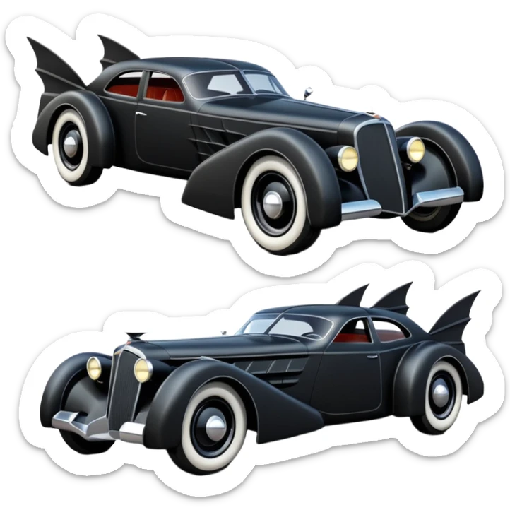  the animated series aerodynamic opulent dark futuristic concept Batmobile loosely based on 1933 V16 Cadillac wagon (flat long straight faceted mechanical body) winged stealthy street hot rod  sticker