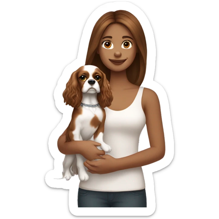 white girl , brown straight medium hair, holding happy king charles spaniel  sticker