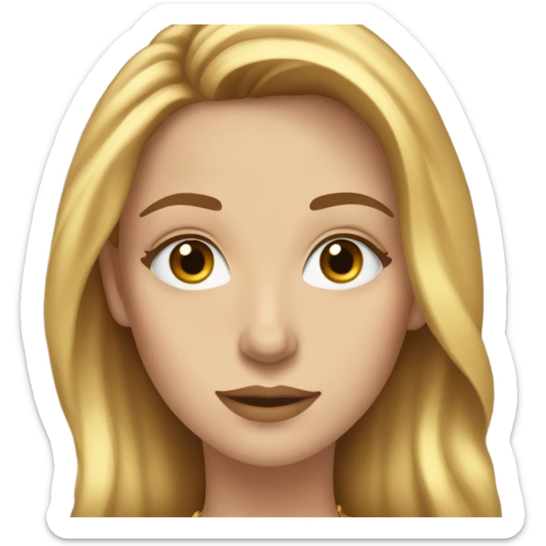 Woman with light brown hair and blue eyes and long (but not unnaturally long) eyelashes with gold necklaces on sticker