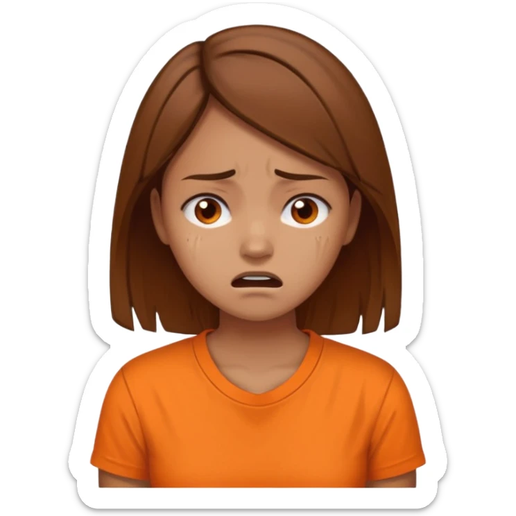 25 year old woman in orange shirt, she looks like she is in pain. She has brown hair sticker