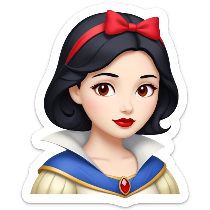 Cinematic Majestic Snow White Portrait Emoji, rendered in a clean, vector-style with bold, simplified shapes. Show Snow White with a serene, noble expression, radiant porcelain skin, and elegantly styled raven hair accented with subtle red highlights, her attire simple yet refined. The design radiates a majestic, pure glow with high shine and a soft glowing outline, embodying classic royal beauty. sticker