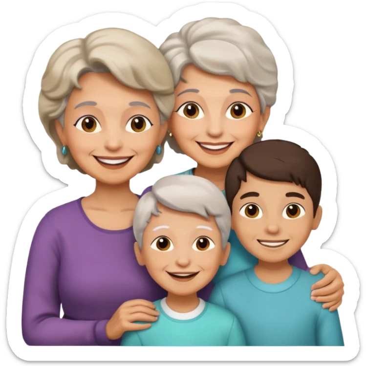 two kids (1 boy and 1 girl) with their mother and grand mother smiling sticker