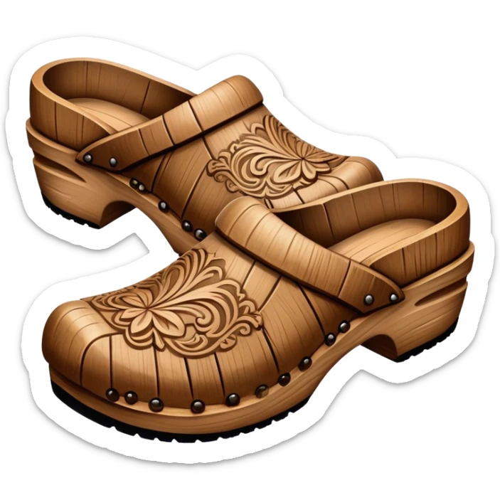 Cinematic Realistic Wooden Clogs Emoji, depicted as a pair of traditionally carved weathered wooden clogs with intricate details and rustic charm, rendered with rich textures and warm natural lighting that captures their cultural heritage. sticker