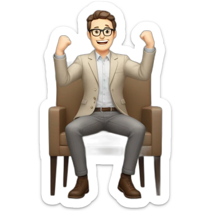 Joyful Celebrating victory Hands up Pale skinned Fit Man With dark brown hair in gray jacket, beige office shirt, Brown pants and vintage glasses sitting In a soft chair sticker