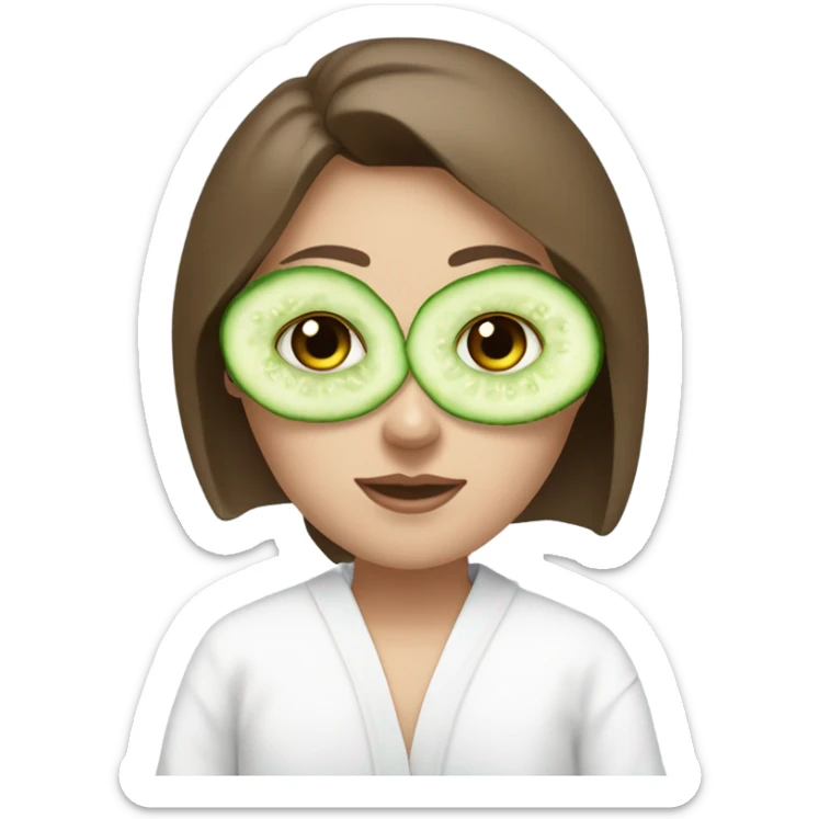 White girl with Brown hair and blue eyes wears a Green colored mask clay textured mask and puts on cucumbers around her eyes while She relaxes in her white Robe sticker