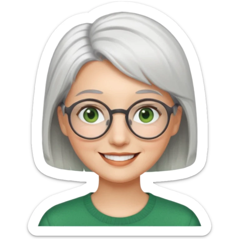 visage femme a lunettes ronde avec cheveux courts gris-blancs aux yeux verts qui souris sticker