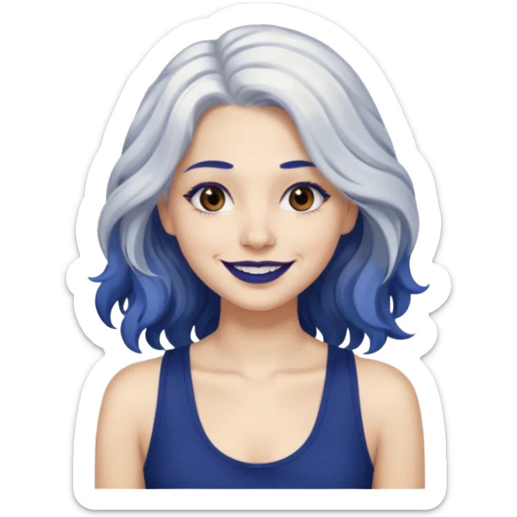 woman wavy with long white hair and brown eyes with dark blue lipstick smiling in a grunge tanktop sticker