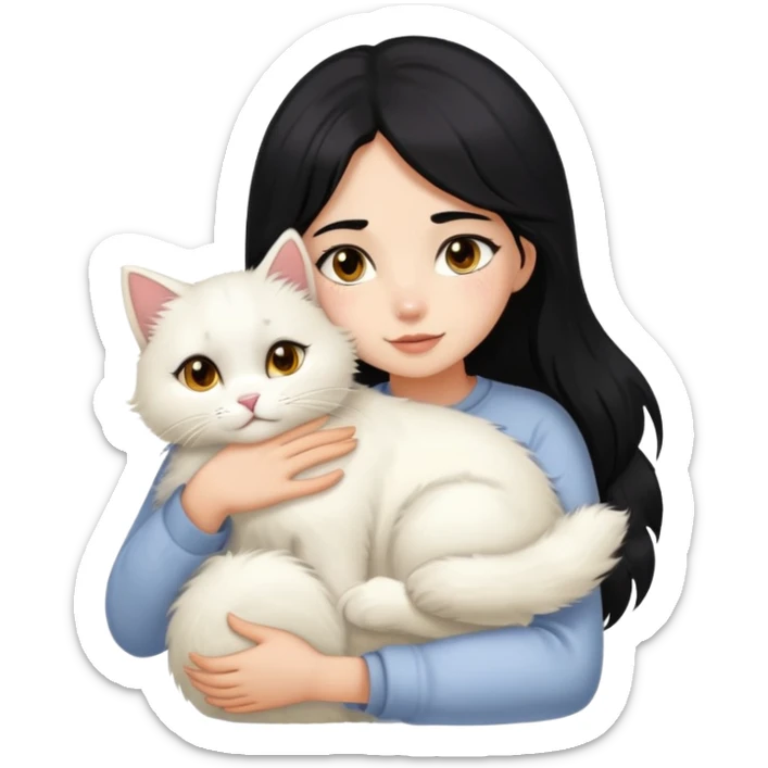 Black hair girl with fair skin, brown eyed hugging her pet cat with 5-6kg fluffy long white fur and golden black eyes  sticker