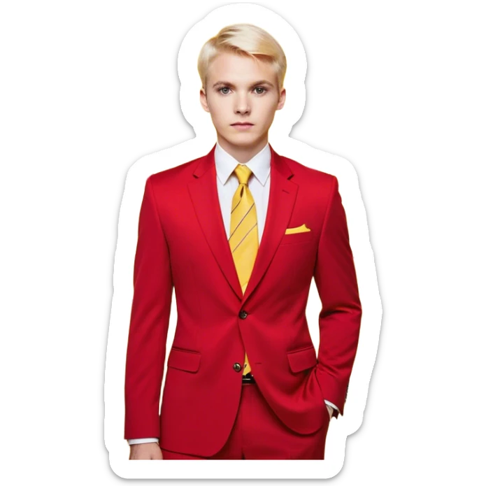 "A bust of a professional man wearing a red blazer with yellow accents, a yellow dress shirt, and a red tie, symbolizing career growth and opportunities. He has a confident expression, short well-groomed hair, and a determined look. Behind him, a financial or business growth chart (📈) with a bold red upward-trending arrow is displayed, reinforcing the theme of progress and success. The background is minimalistic, with clean lines focusing on the man’s upper torso and the business chart. The overall design is modern, professional, and business-oriented. sticker