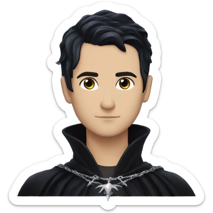 Rhysand has straight short blue-black hair, like a raven's feathers and violet/purple eyes, he wears a black cloak and a black and silver crown sticker