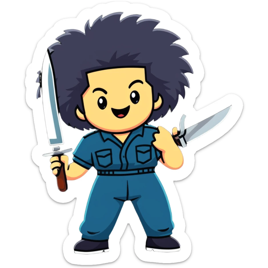 wild savage person in 1988 retro outfit with big hair, holding knife, evil laughing expression sticker