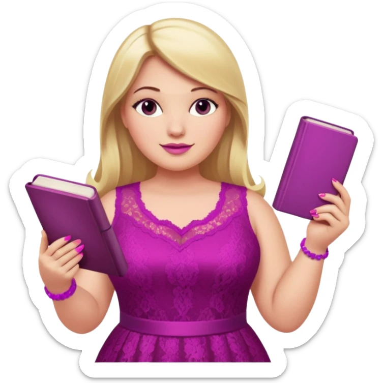 A plus-size white woman with long, straight blonde hair is wearing a magenta lace sleeveless dress. She is standing with magenta nail polish and holding a book and a crayon.. sticker