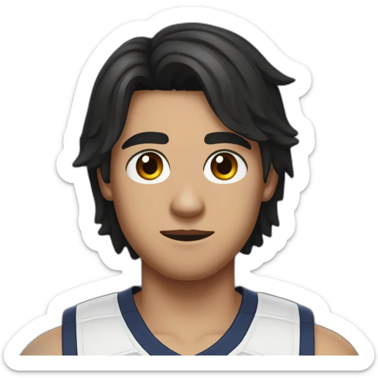 a 17-year-old boy with long, dark hair cut in a bob", with a black sports bandage on his forehead. Light mustache on his face  sticker