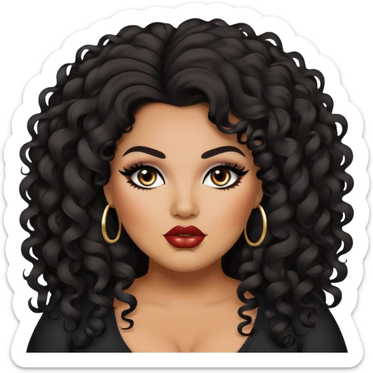 glasses, big plus size, darker tan skin, long black curly hair, baddie,pretty, makeup, lipliner, black eyeliner, long hair sticker