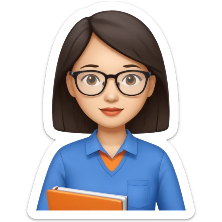 An asian brunette woman teacher with papers and laptop wearing glasses in blue and orange shirt sticker