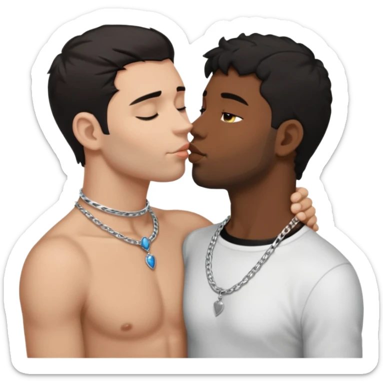 White adult dark hair male kissing black adult male with silver chocker necklace,  full body view,  sticker