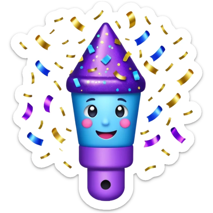 Emoji with glowing confetti popper, purple and blue colors emitting confetti and glitter, creating a bright festive atmosphere sticker