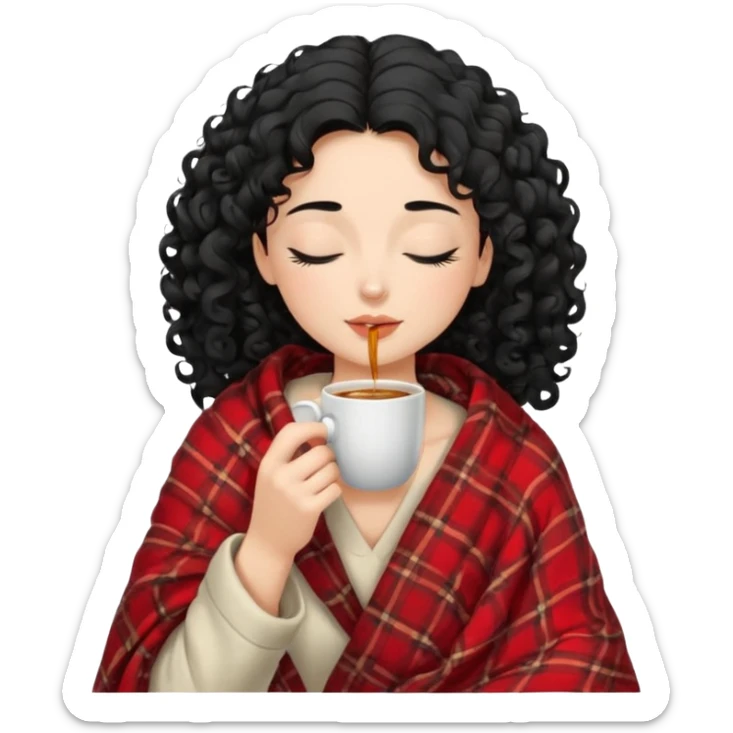 Gözleri kapalı, beyaz tenli ve kıvırcık siyah saçlı saç boyu orta omuzlarında bir kadın avatar, battaniyeye sarılmış halde beyaz bir Türk kahvesi fincanından içeceğini huzurla yudumluyor. sticker