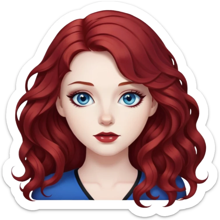 pretty baddie, dark red wavy hair, pale skin, long hair, blue eyes, black eyeliner sticker