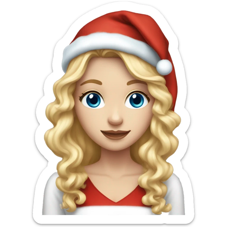 White girl with blue eyes and long curly blonde hair wearing a Christmas hat sticker