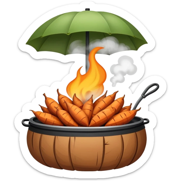 Street vendor roasted sweet potato with steam rising, simplified emoji style with bold outlines and bright colors, cartoon style hot Kao Hong Shu sticker