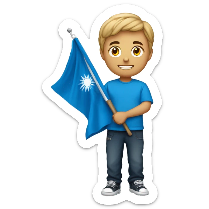 Un humain jeune qui porte un tee-shirt bleue avec écrit nz dessus qui tient un drapeau bleu avec écrit nz dessus qu'il soye heureux et des étoiles autour de lui sticker