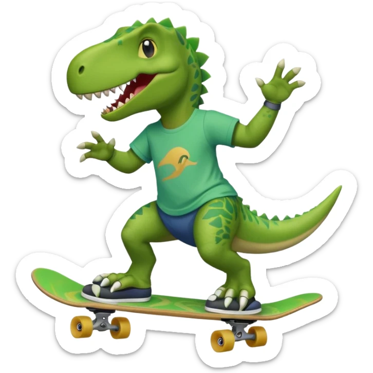 Dinosaur skateboarding at the skate park wearing a t-shirt and doing six seven and dancing sticker