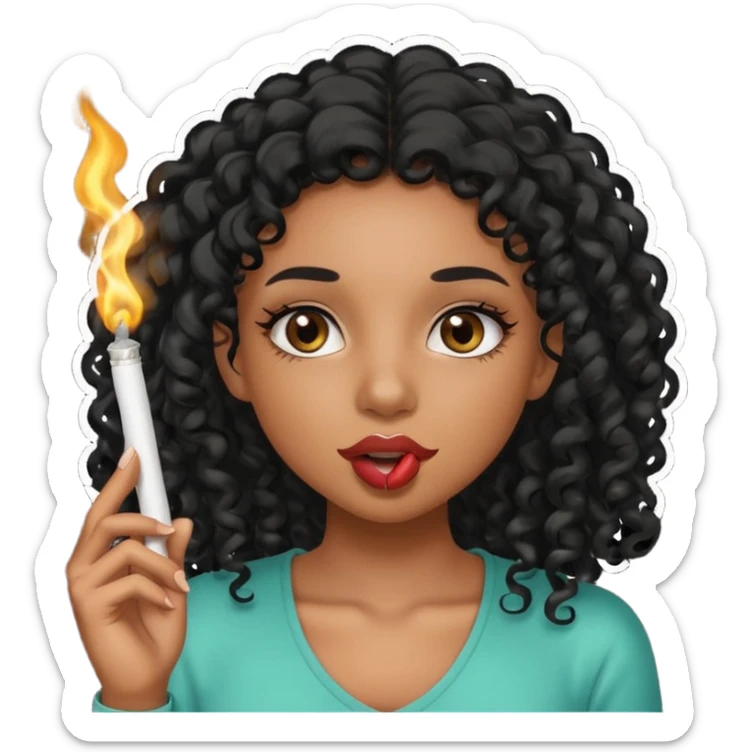 Black girl with eyelashes and curly hair smoking weed with it in her mouth sticker