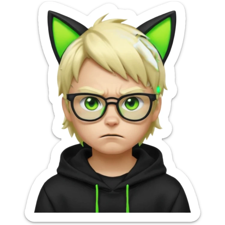 A blond hacker boy with black glasses and a black hoodie with neon green cat ears, cyberpunk style, angry expression, intense glowing green eyes, dark dramatic lighting sticker
