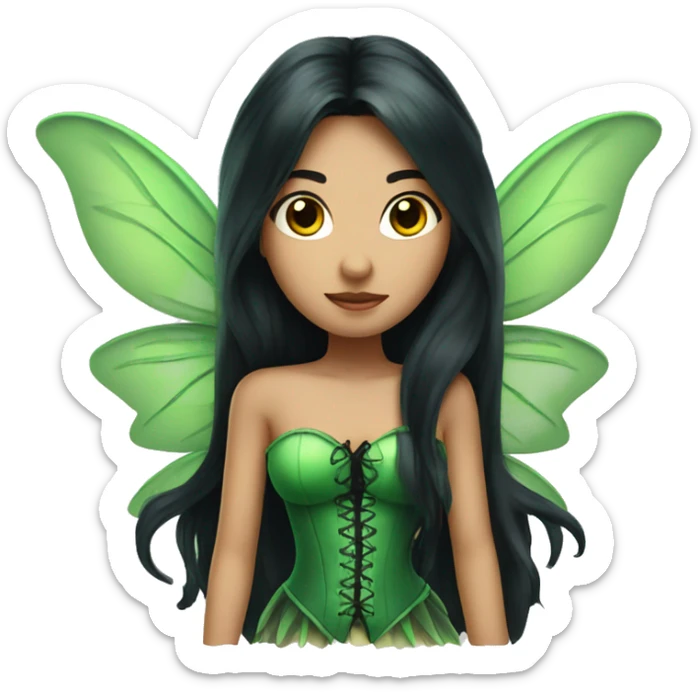 Fairy with long black hair green wings and green corset sticker