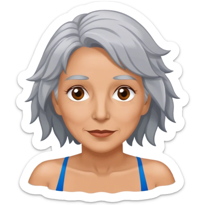 Middle aged, gray haired woman with brown eyes in a swimming pool with marijuna sticker