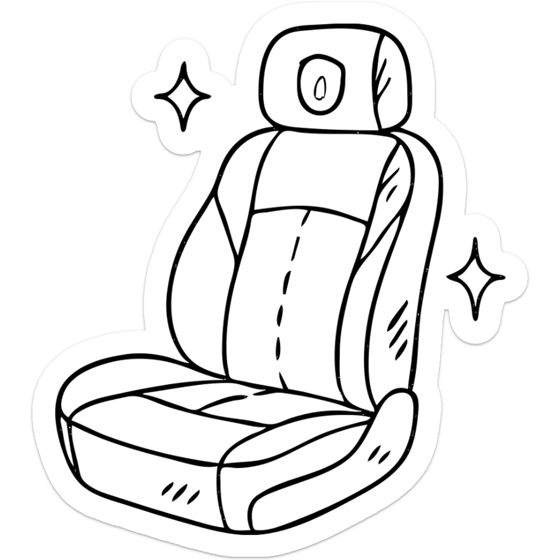 hand-drawn outlined icon of a luxury car seat in matte black with a small droplet or shield on the headrest, elegant stitching, minimalist lines, extra shine and sparkles, clean and modern sticker