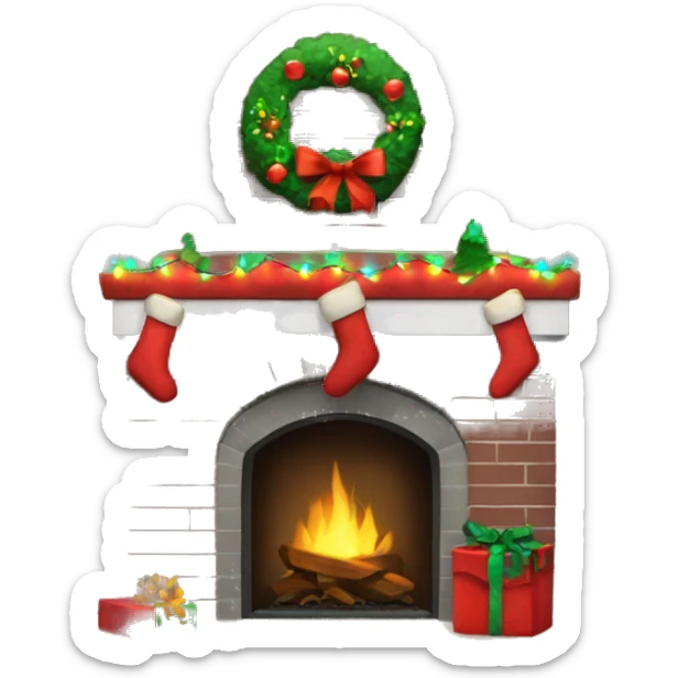 Brick Fireplace with wreath and Christmas lights and stockings sticker