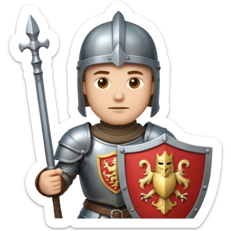 An emoji portrait of a medieval knight. He wears a suit of armor with a stylized helmet. His expression is serious and determined, and he holds a shield with a family crest. sticker