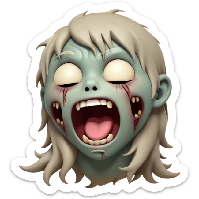 Cinematic Cute Yawning Zombie Portrait Emoji, with a delightfully quirky, slightly disheveled face in muted ashen tones, head tilted back in a big, funny yawn that reveals quirky stitches and playful gaps, simplified yet irresistibly charming, highly detailed with a soft, eerie glowing outline capturing the sleepy, offbeat vibe of a zombie taking a nap! sticker