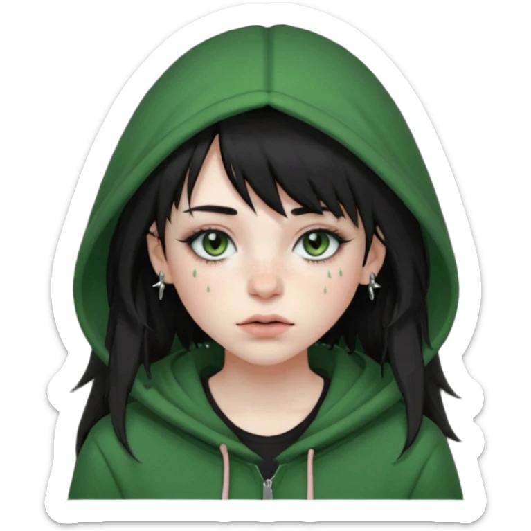 girl with black long layered hair with wispy bangs, pale skin, black t shirt, freckles on nose, dark nude colored lipliner, fluffy lashes, green hooded eyes, black spiky septum ring, eyebrow piercing, blush, thin black eyebrows. sticker