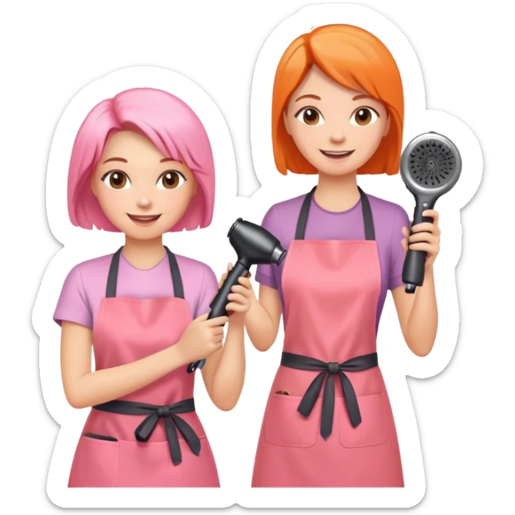 happy woman in pink apron getting a haircut from smiling female hairstylist in orange apron, holding hairdryer in right hand sticker