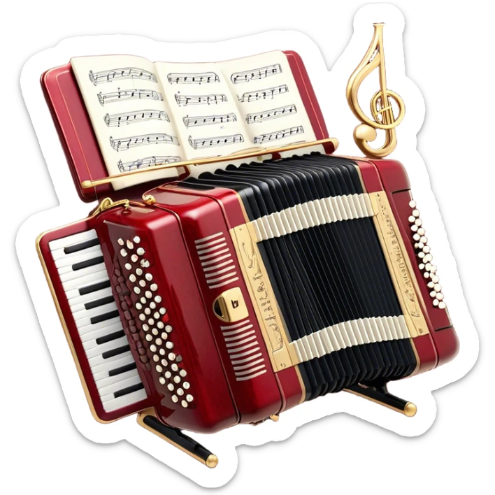  "Create a refined and elegant emoji representing a high-end Weltmeister accordion with a music stand (pupitre) and sheet music. The design should feature the accordion with its distinctive bellows and keys, positioned gracefully next to a music stand holding visible sheet music. Add musical notes flowing from the sheet music to symbolize the performance. Use rich, classic colors like deep red or black for the accordion, with gold accents to reflect its luxury. The background should be transparent sticker