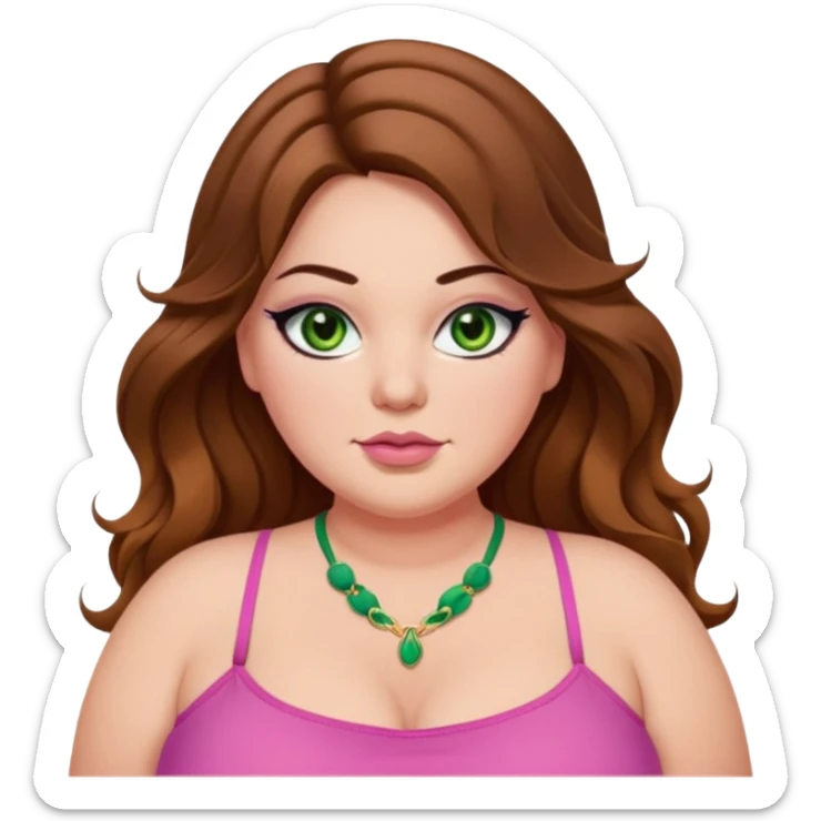 Baddie bratz girl with middle parted long wavy brown hair. green eyes. Plus size. Pink spaghetti strap top. Black eyeliner sticker