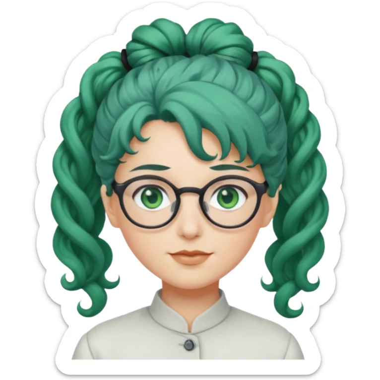 cabelo encaracolado longo, azul, óculos, olhos verdes, raça branca, penteado topo cabeça sticker