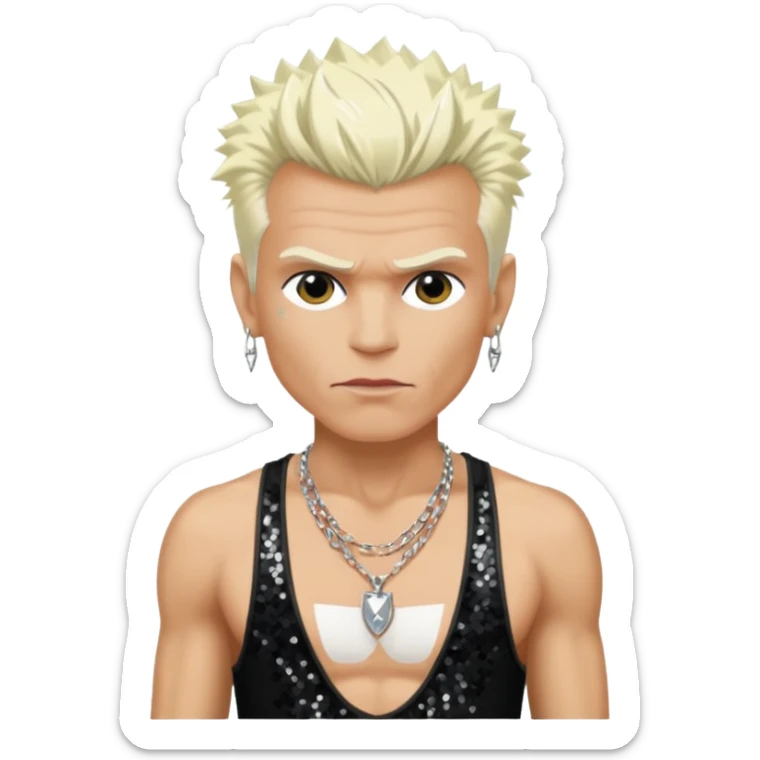 Billy Idol with platinum blonde hair, black sequin baggy pants, shirtless with necklace sticker