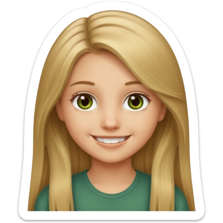 A smiling young girl with long dirty blonde hair and hazel green eyes sticker