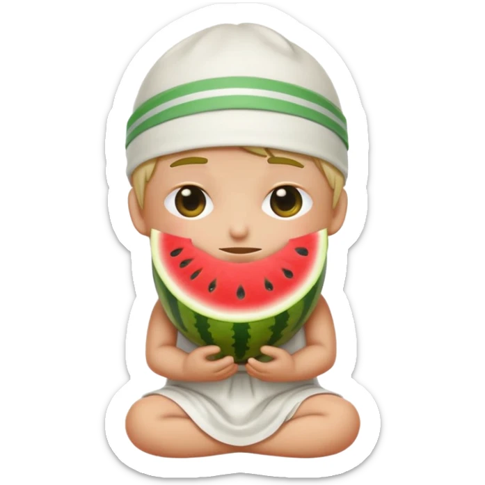 Emoji sitting cris cross wearing a white toga, the emoji is blindfolded with a white and green striped tie, and they are watermelon for a hat. The emoji should also have an uncomfortable look on his face (but the eyes are covered by the blind fold don’t forget) sticker