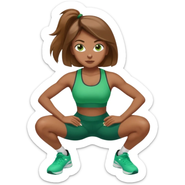 Beautiful woman with light brown shoulder length hair popping a squat without any weights. Make her with a little lighter, brown hair and green eyes sticker