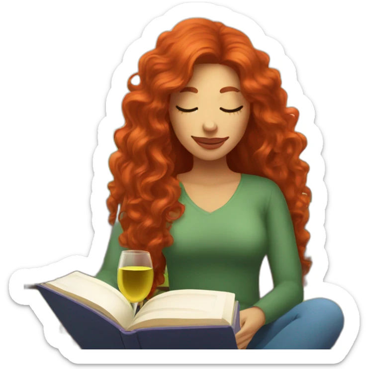 woman with long curly red hair reading a book with a glass of wine in a park sticker