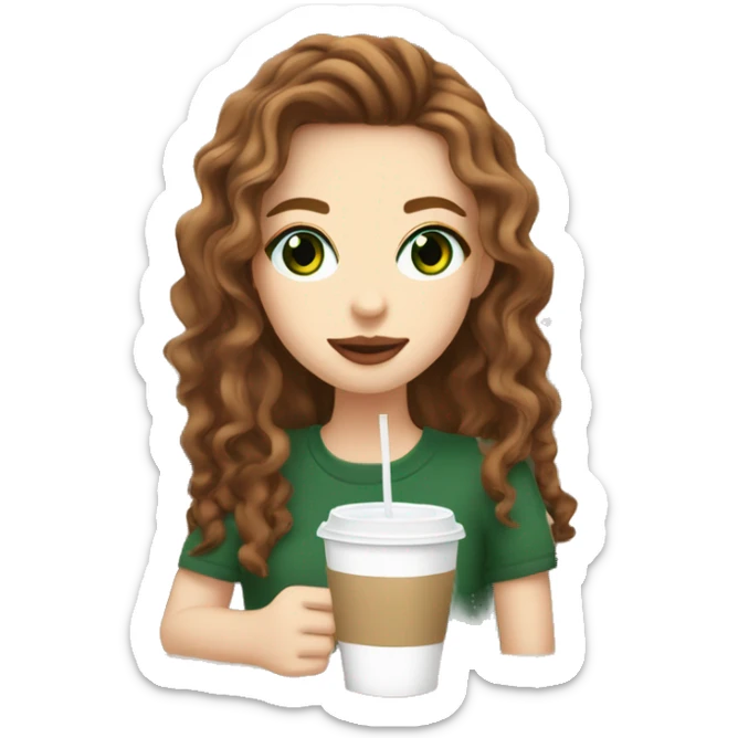 aesthetic white girl with brown wavy hair and green eyes sipping an iced americano in a cute coffee shop  sticker